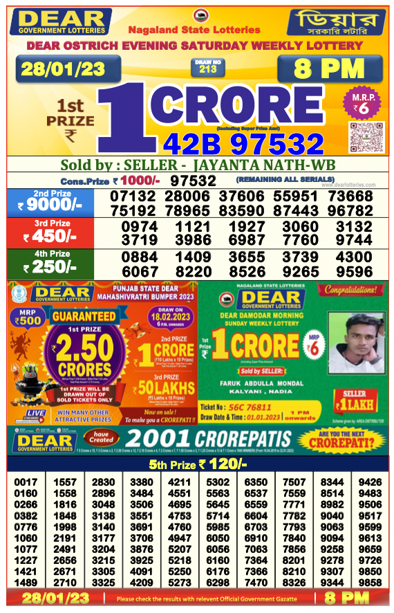 Nagaland State Lottery Today 28.1.2023 Result,1 pm, 6 pm, 8 pm