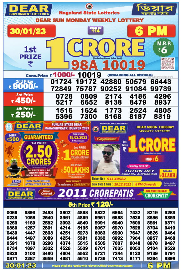 Nagaland State Lottery Today 30.1.2023 Result 1 pm,6 pm,8 pm