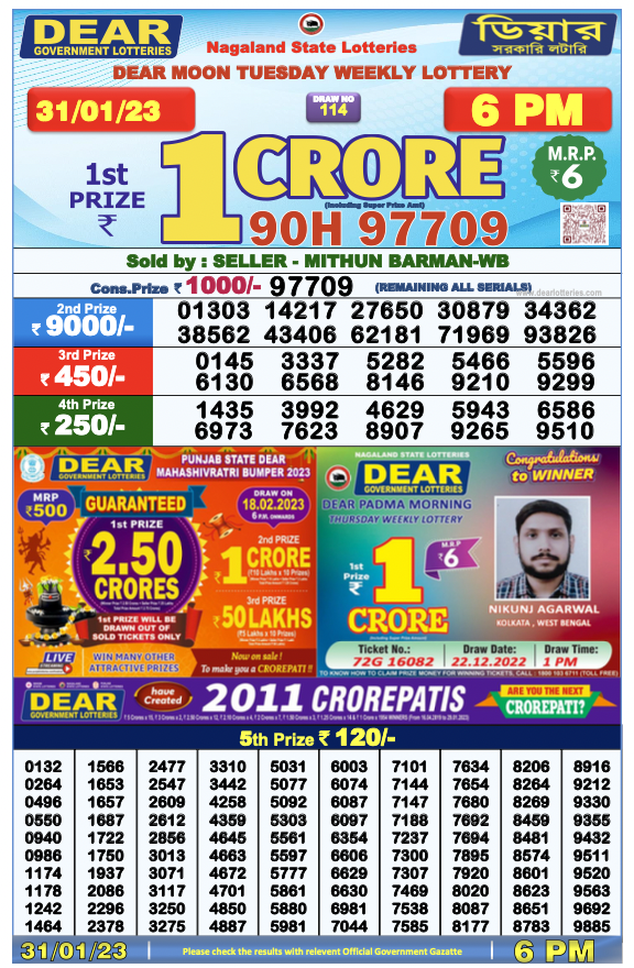 Nagaland State Lottery Today 31.1.2023 Result 1 pm, 6 pm, 8 pm