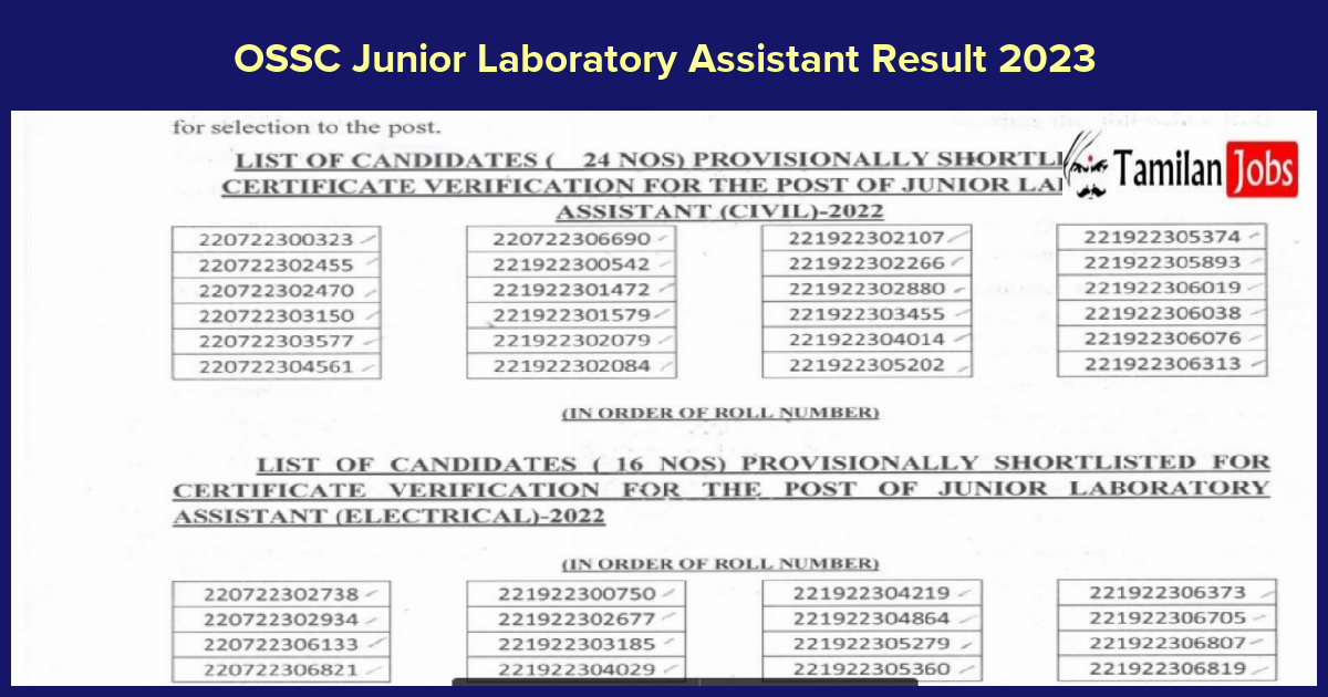 Ossc Junior Laboratory Assistant Result 2023