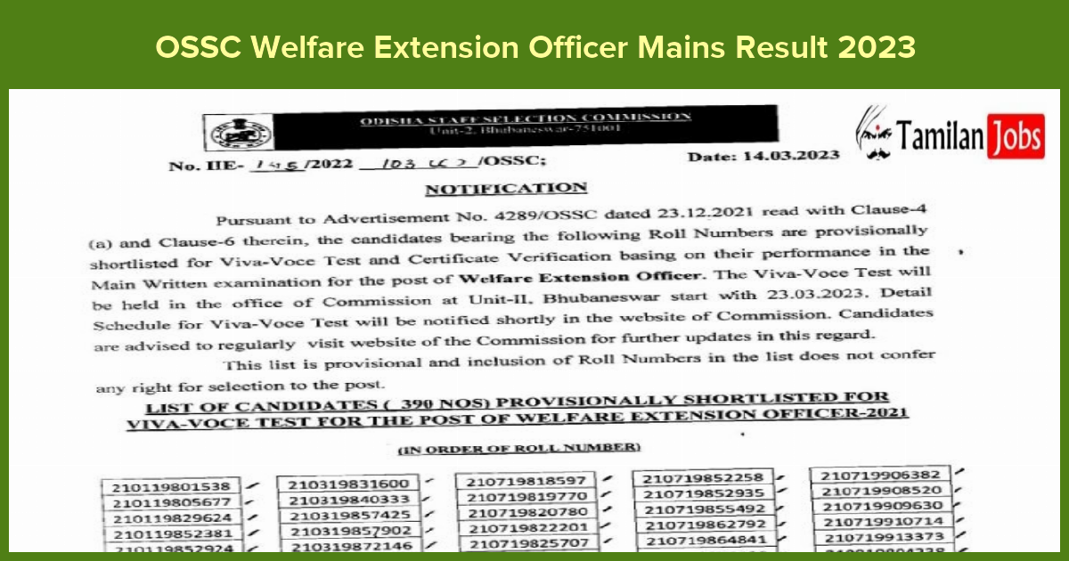 OSSC Welfare Extension Officer Mains Result 2023