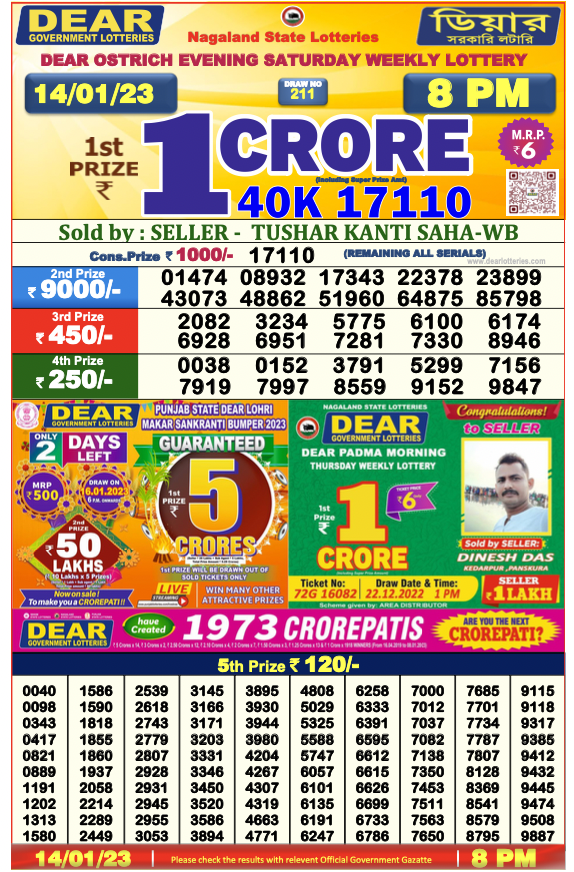 Lottery Sambad Today 14.1.2023 Result, 1 Pm, 6 Pm, 8 Pm List