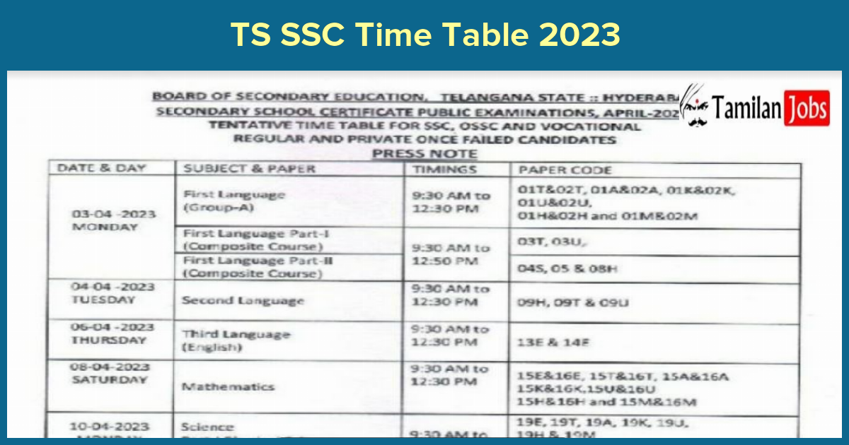 TS SSC Time Table 2023