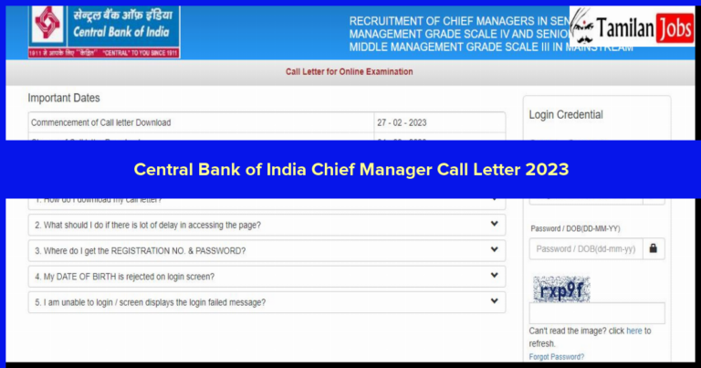 Central Bank of India Chief Manager Call Letter 2023