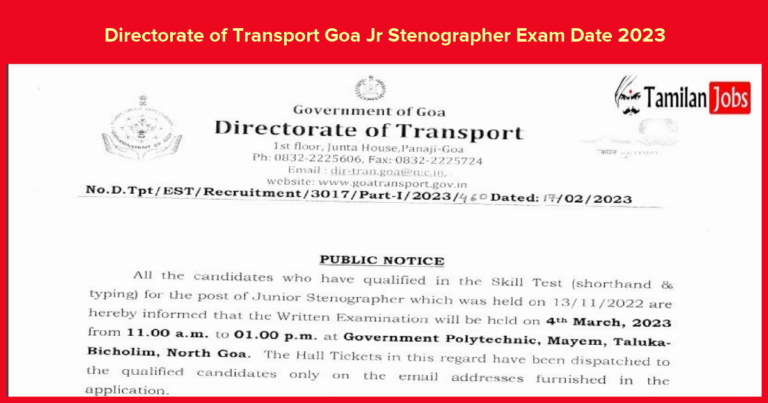 Directorate of Transport Goa Jr Stenographer Exam Date 2023