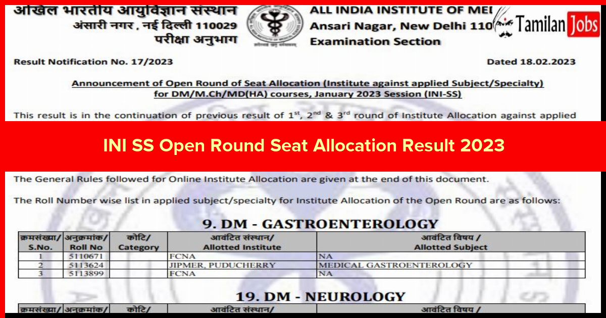 INI SS Open Round Seat Allocation Result 2023