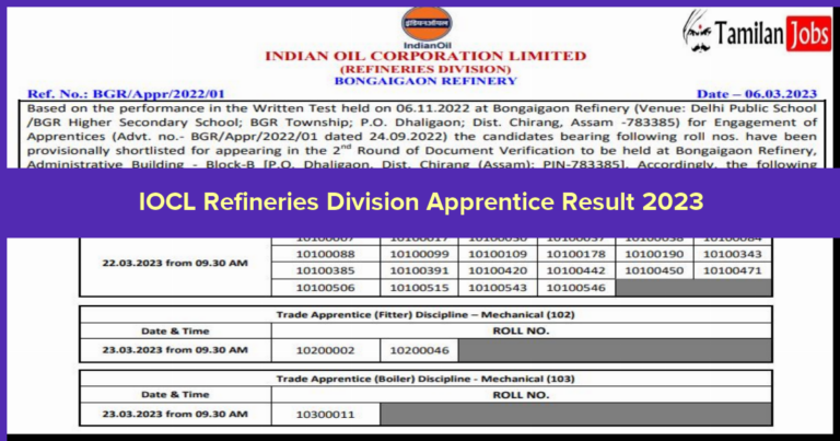 IOCL Refineries Division Apprentice Result 2023