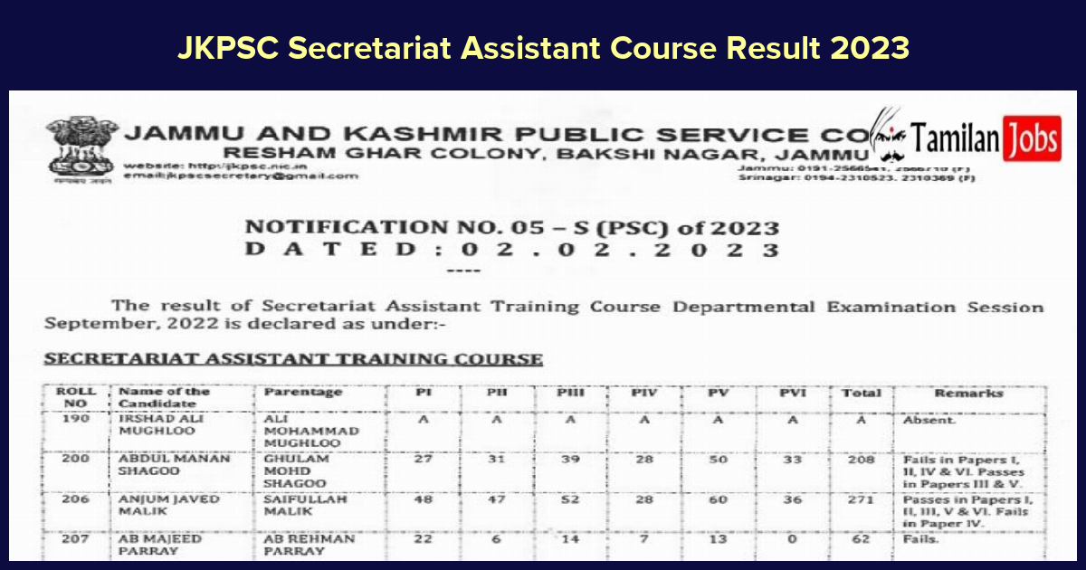 JKPSC Secretariat Assistant Course Result 2023