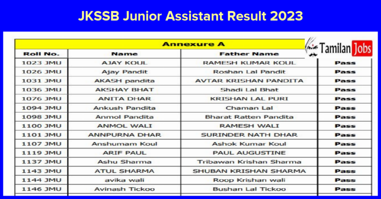 JKSSB Junior Assistant Result 2023