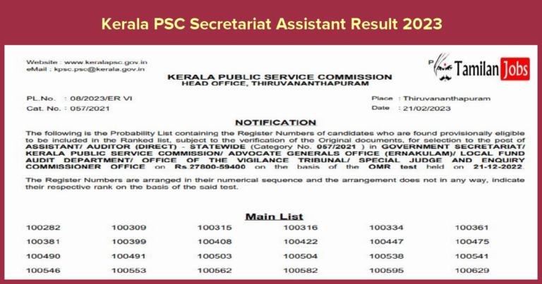 Kerala PSC Secretariat Assistant Result 2023