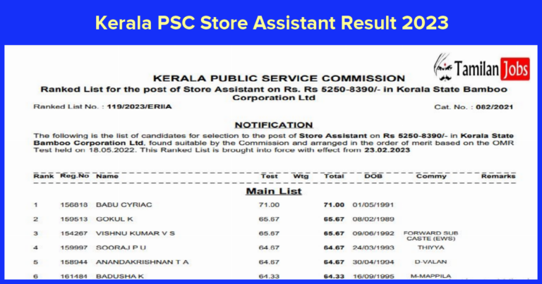 Kerala PSC Store Assistant Result 2023