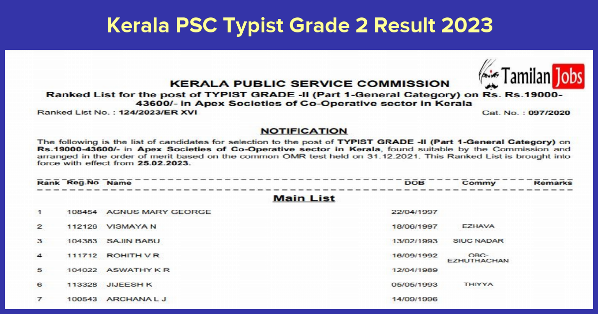 Kerala PSC Typist Grade 2 Result 2023
