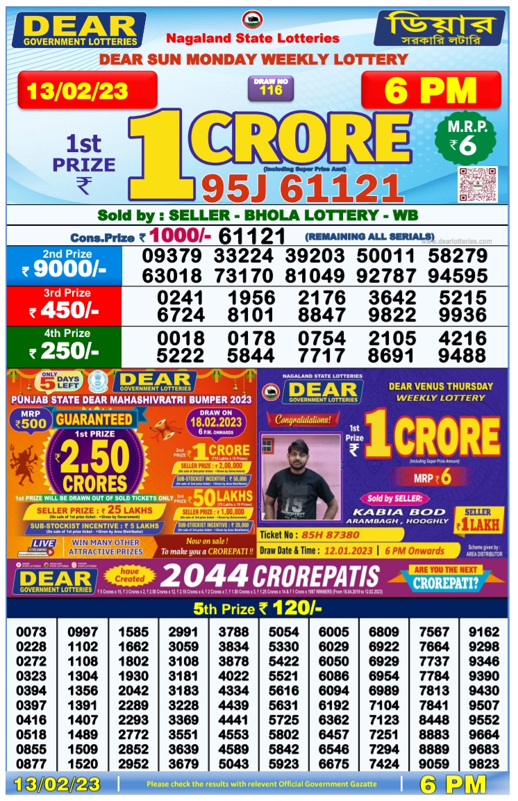 Nagaland State Lottery Today 13.2.2023 Result, 1 pm, 6 pm, 8 pm