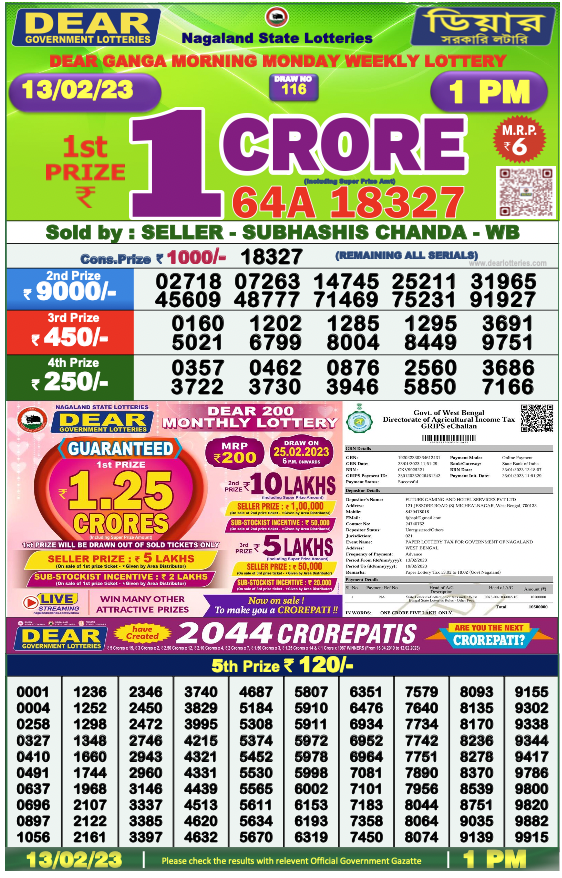 Nagaland State Lottery Today 13.2.2023 Result, 1 pm, 6 pm, 8 pm