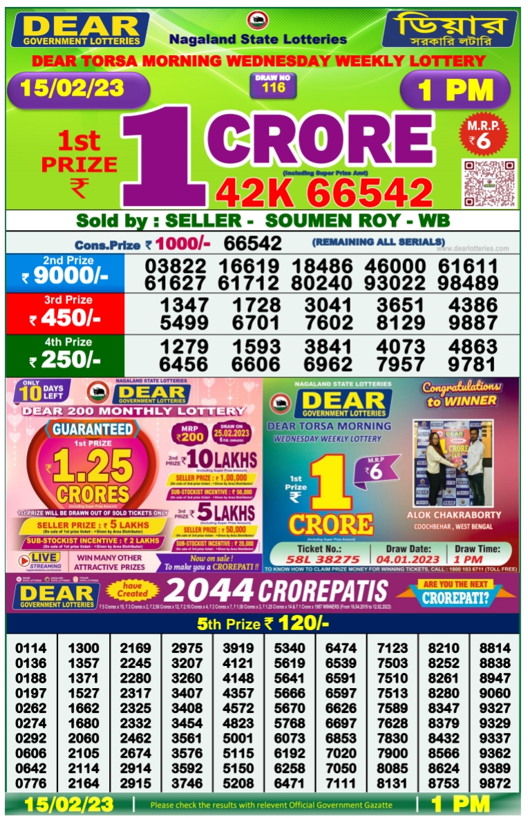 Nagaland State Lottery Today 15.2.2023 Result, 1 pm, 6 pm, 8 pm