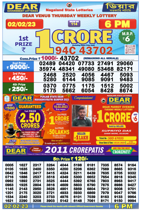 Nagaland State Lottery Today 2.2.2023 Result, 1 pm, 6 pm, 8 pm