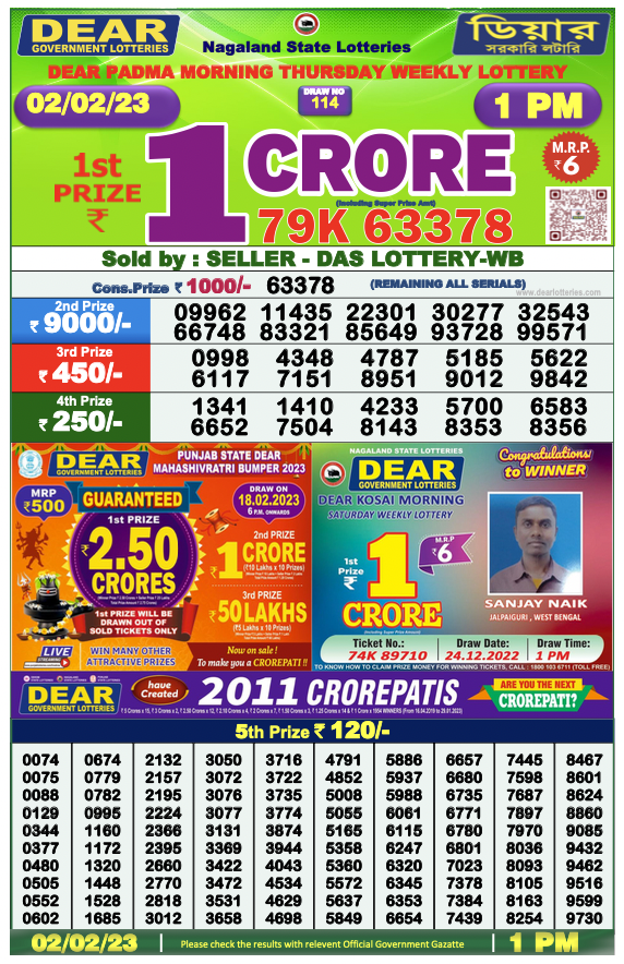 Nagaland State Lottery Today 2.2.2023 Result, 1 pm, 6 pm, 8 pm