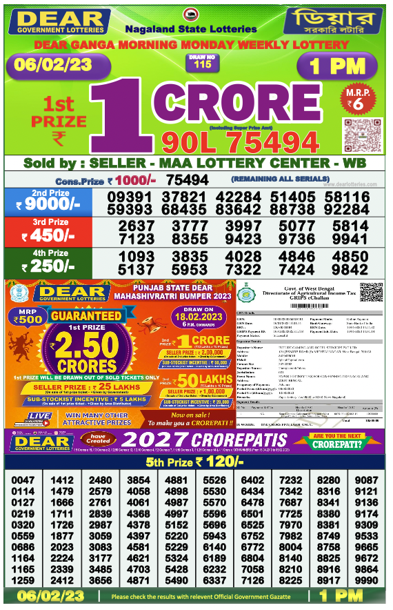 Nagaland State Lottery Today 6.2.2023 Result, 1 pm, 6 pm, 8 pm List