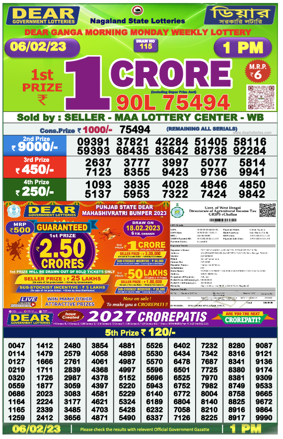 Nagaland State Lottery Today 6.2.2023 Result, 1 Pm, 6 Pm, 8 Pm List