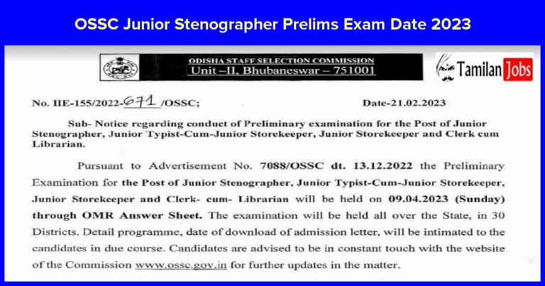 OSSC Junior Stenographer Prelims Exam Date 2023