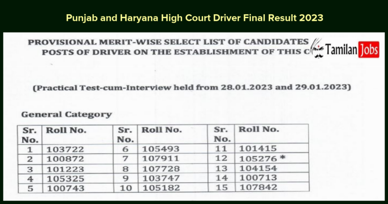 Punjab and Haryana High Court Driver Final Result 2023
