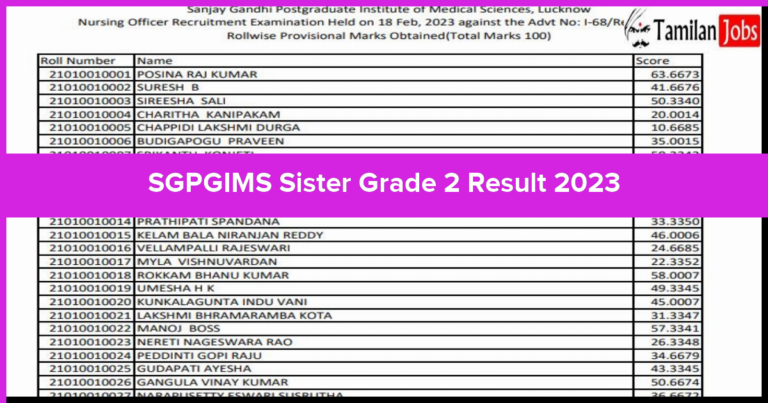 SGPGIMS Sister Grade 2 Result 2023
