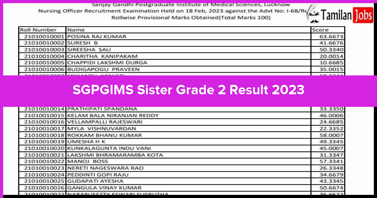 SGPGIMS Sister Grade 2 Result 2023