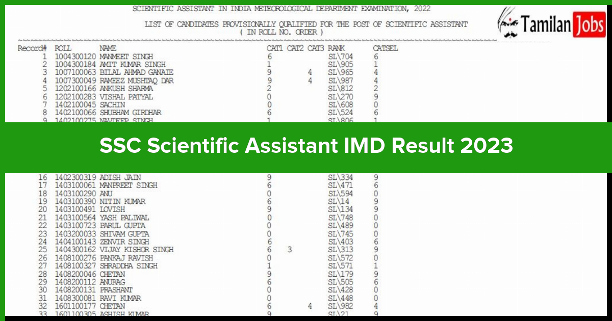 SSC Scientific Assistant IMD Result 2023