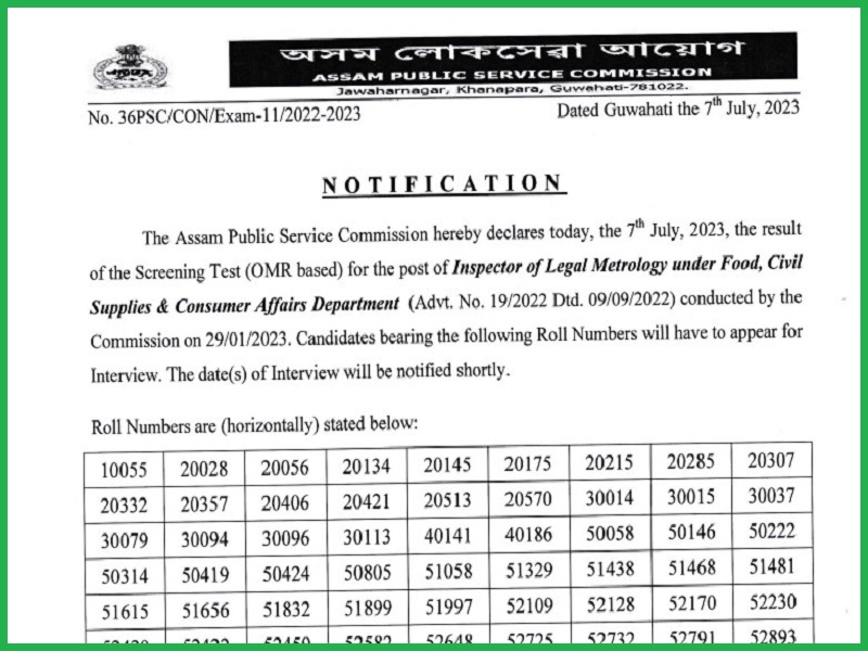 APSC Inspector of Legal Metrology Result 2023