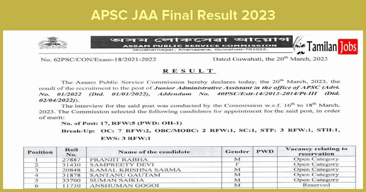 APSC JAA Final Result 2023