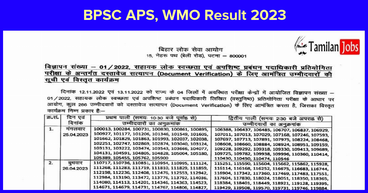 BPSC APS, WMO Result 2023