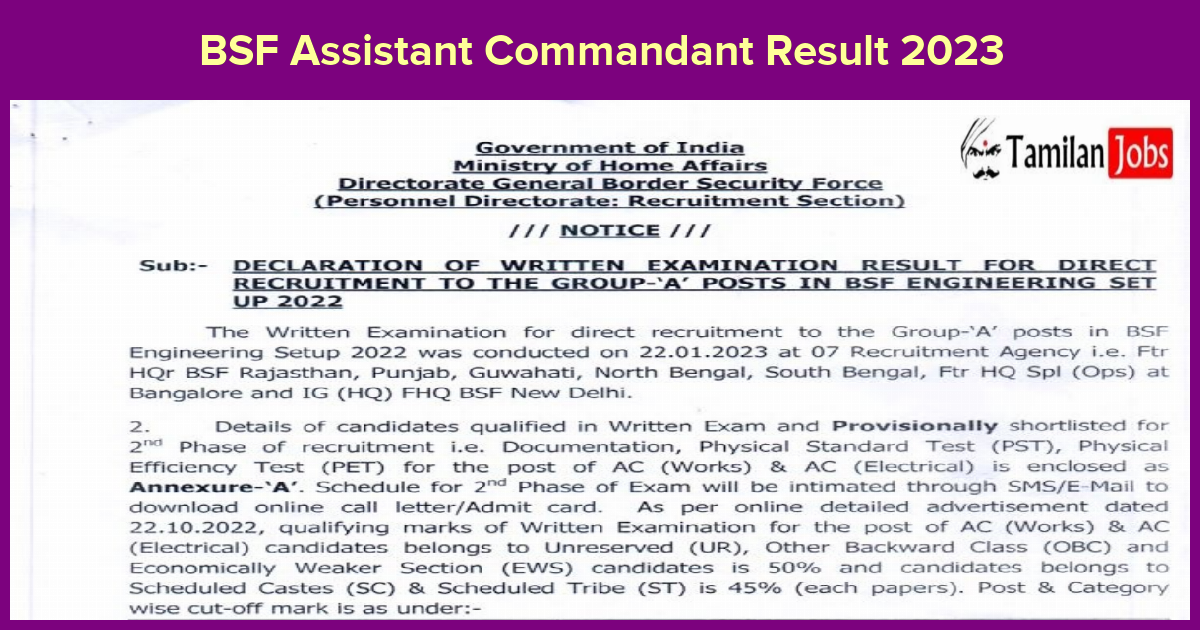 BSF Assistant Commandant Result 2023