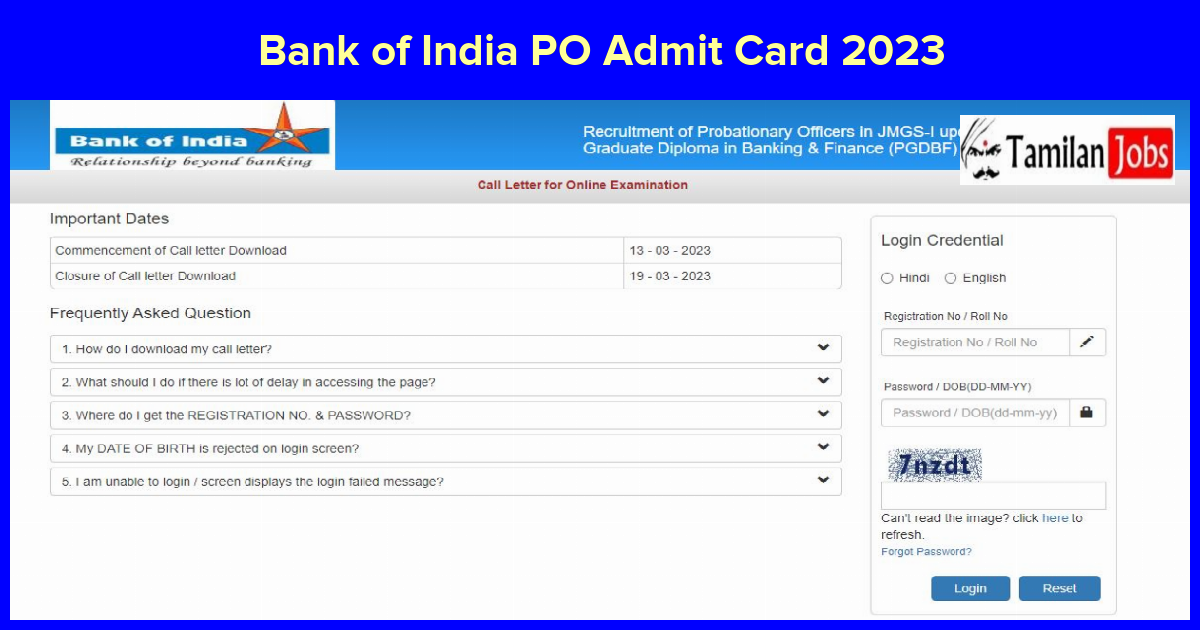 Bank of India PO Admit Card 2023