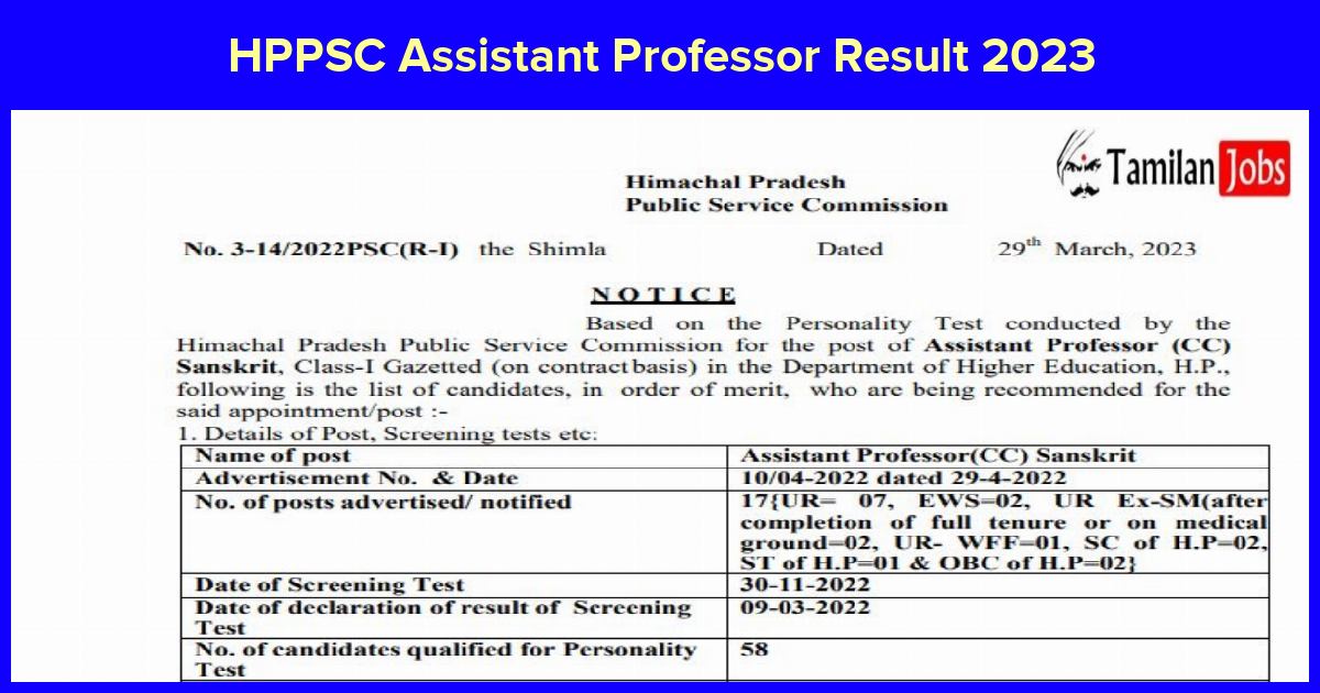 HPPSC Assistant Professor Result 2023