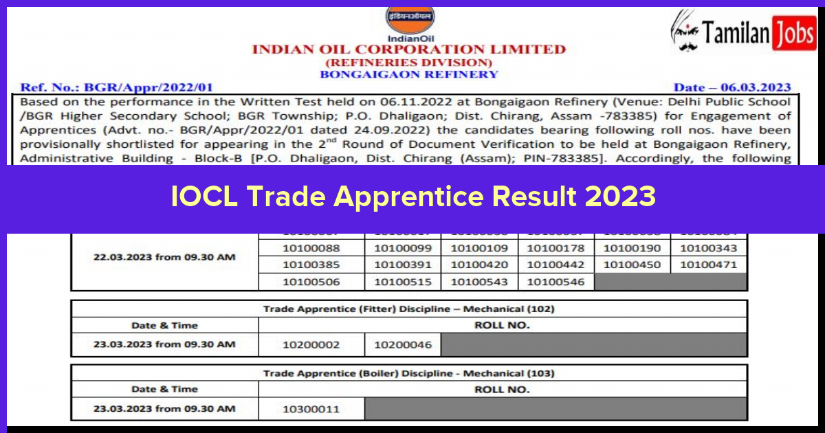 IOCL Trade Apprentice Result 2023