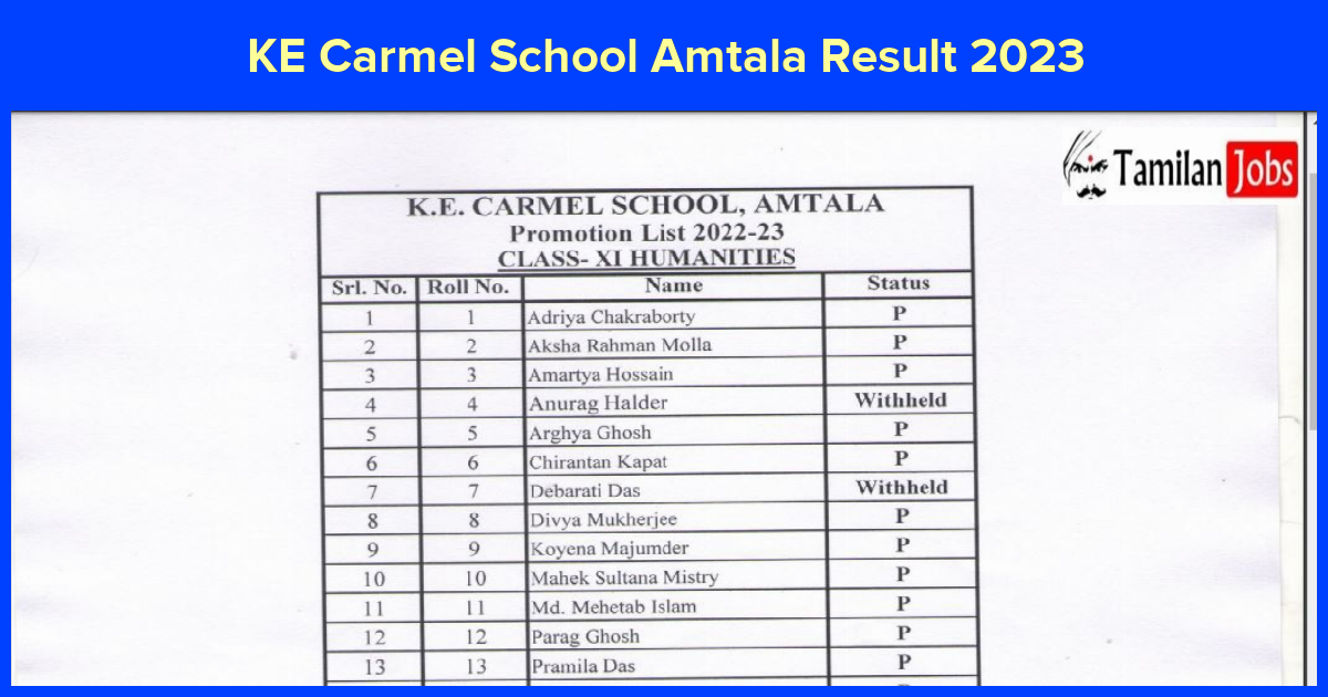 KE Carmel School Amtala Result 2023