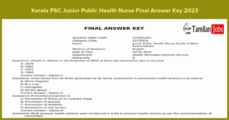 Kerala PSC Junior Public Health Nurse Final Answer Key 2023 (Released): Download and Check Here