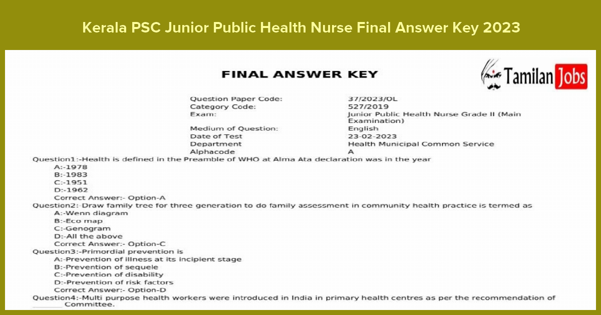 Kerala PSC Junior Public Health Nurse Final Answer Key 2023
