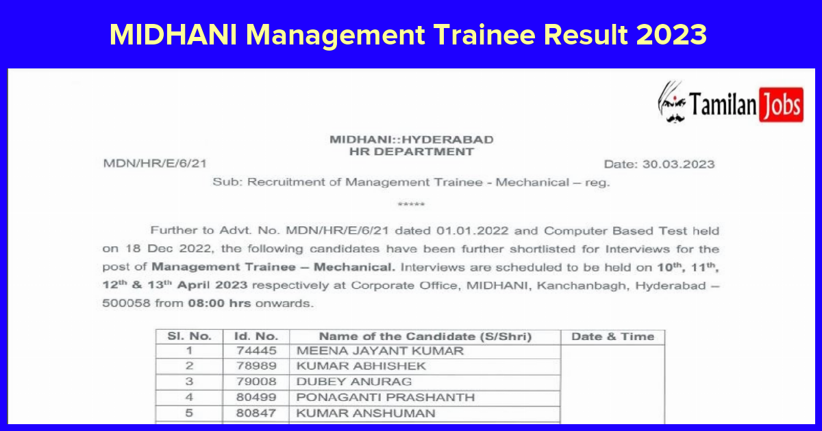 MIDHANI Management Trainee Result 2023 