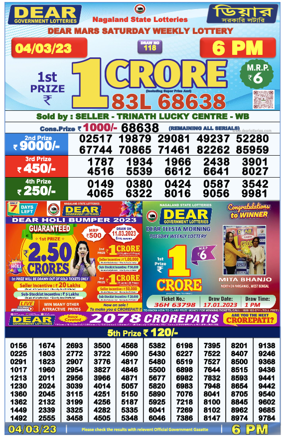 Nagaland State Lottery Today 4/3/2023 Result,1 pm,6 pm,8 pm List
