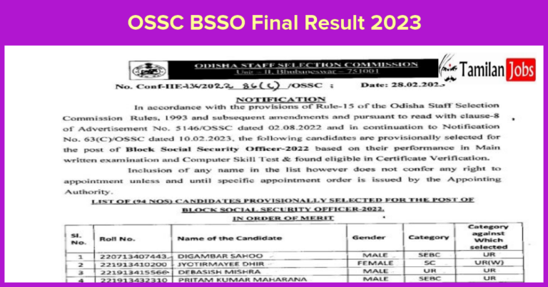 OSSC BSSO Final Result 2023