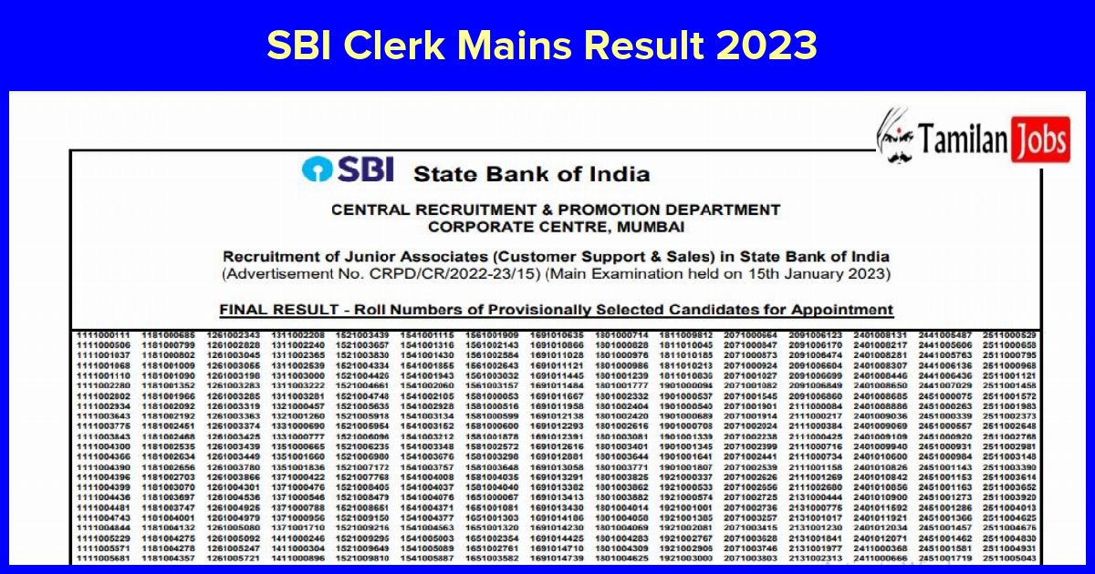 SBI Clerk Mains Result 2023 