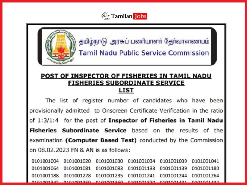 Tnpsc Inspector Of Fisheries Result 2023