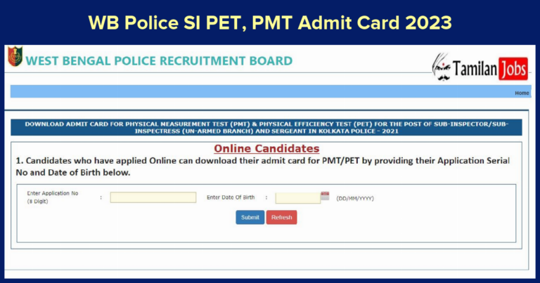 WB Police SI PET, PMT Admit Card 2023