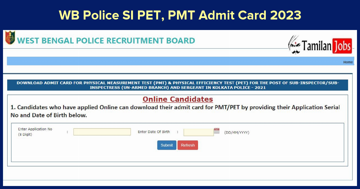 WB Police SI PET, PMT Admit Card 2023