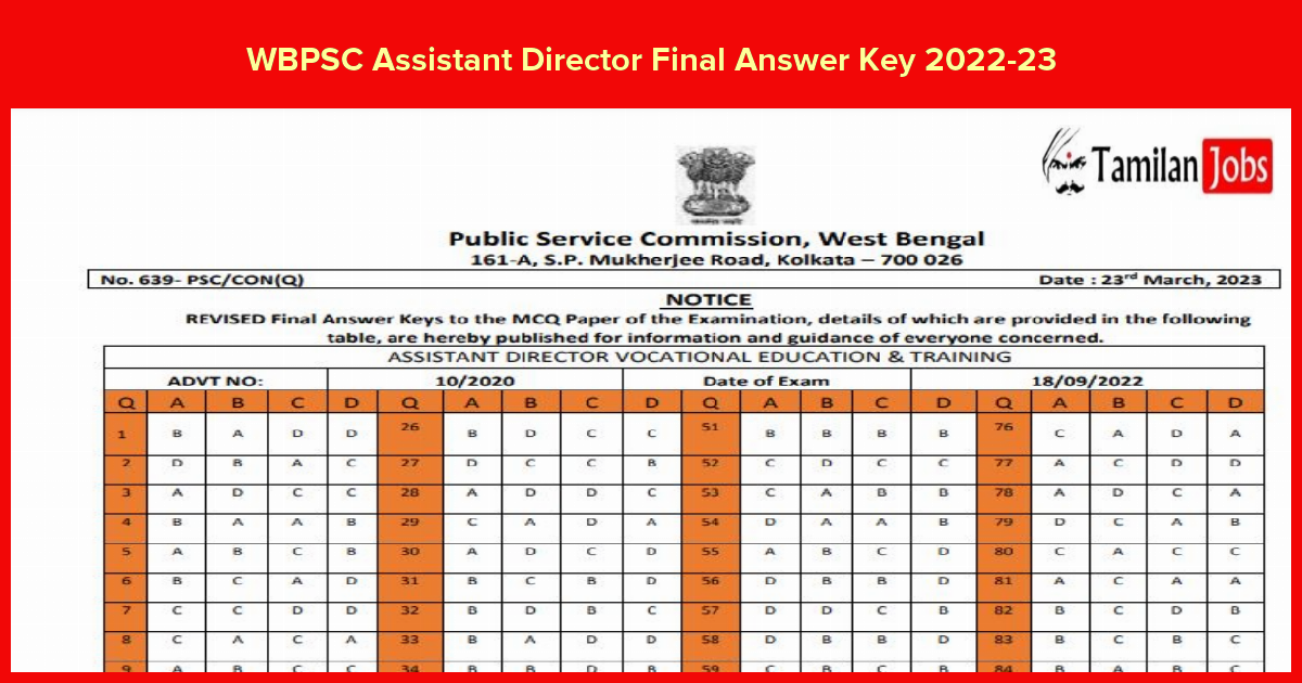 WBPSC Assistant Director Final Answer Key 2022-23