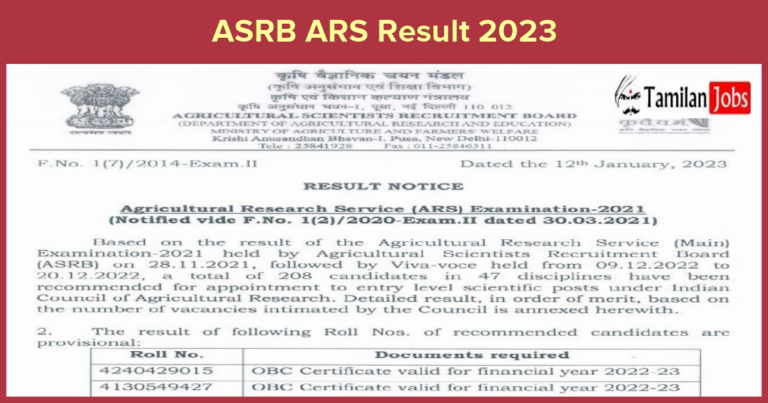 ASRB ARS Result 2023
