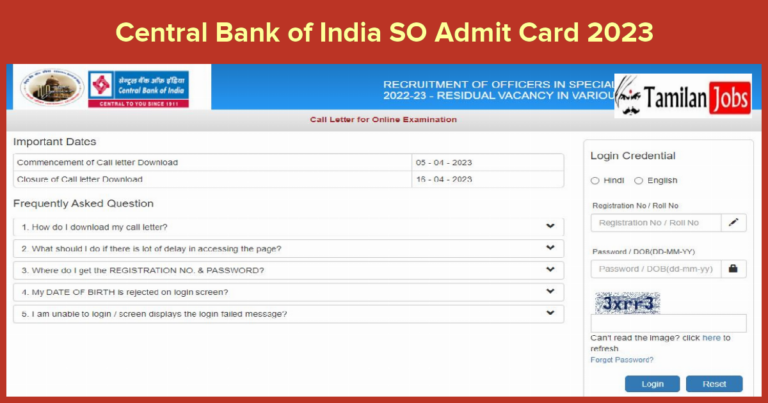 Central Bank of India SO Admit Card 2023