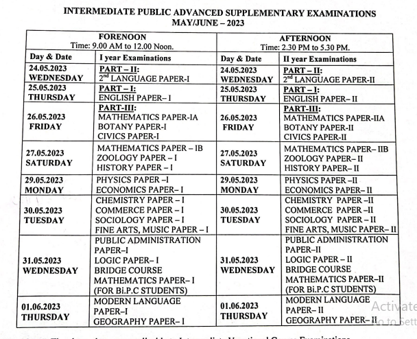 AP Inter Supply Time Table 2023