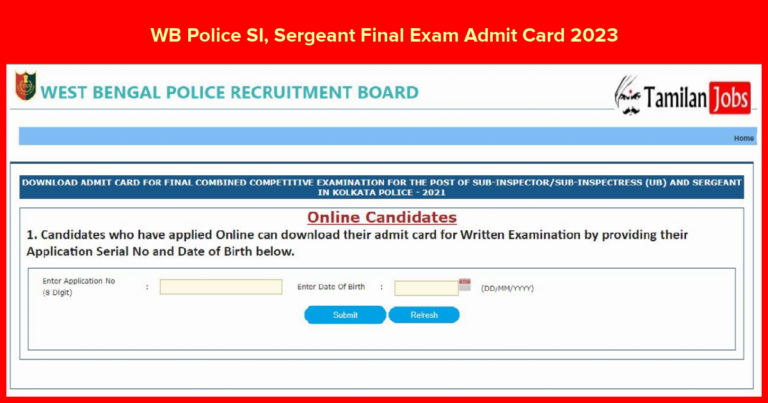 WB Police SI, Sergeant Final Exam Admit Card 2023